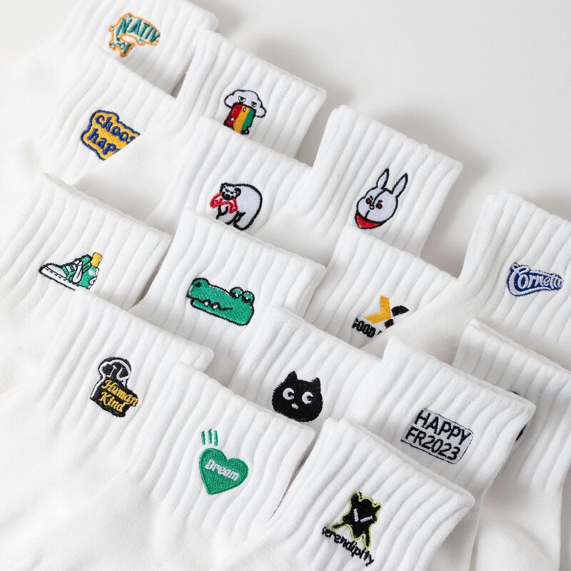 Socks Men's Spring and Summer New White Socks Short Socks Cotton ins Trendy Internet Celebrity Sweat Absorbing Sports Embroidered Cartoon Mid-length Socks