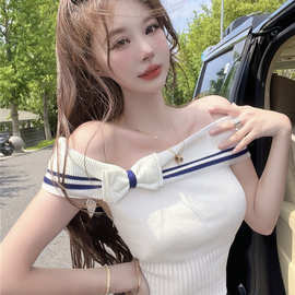直播衣服女主播服装性感甜辣法式纯欲一字肩蝴蝶结针织网红上衣夏