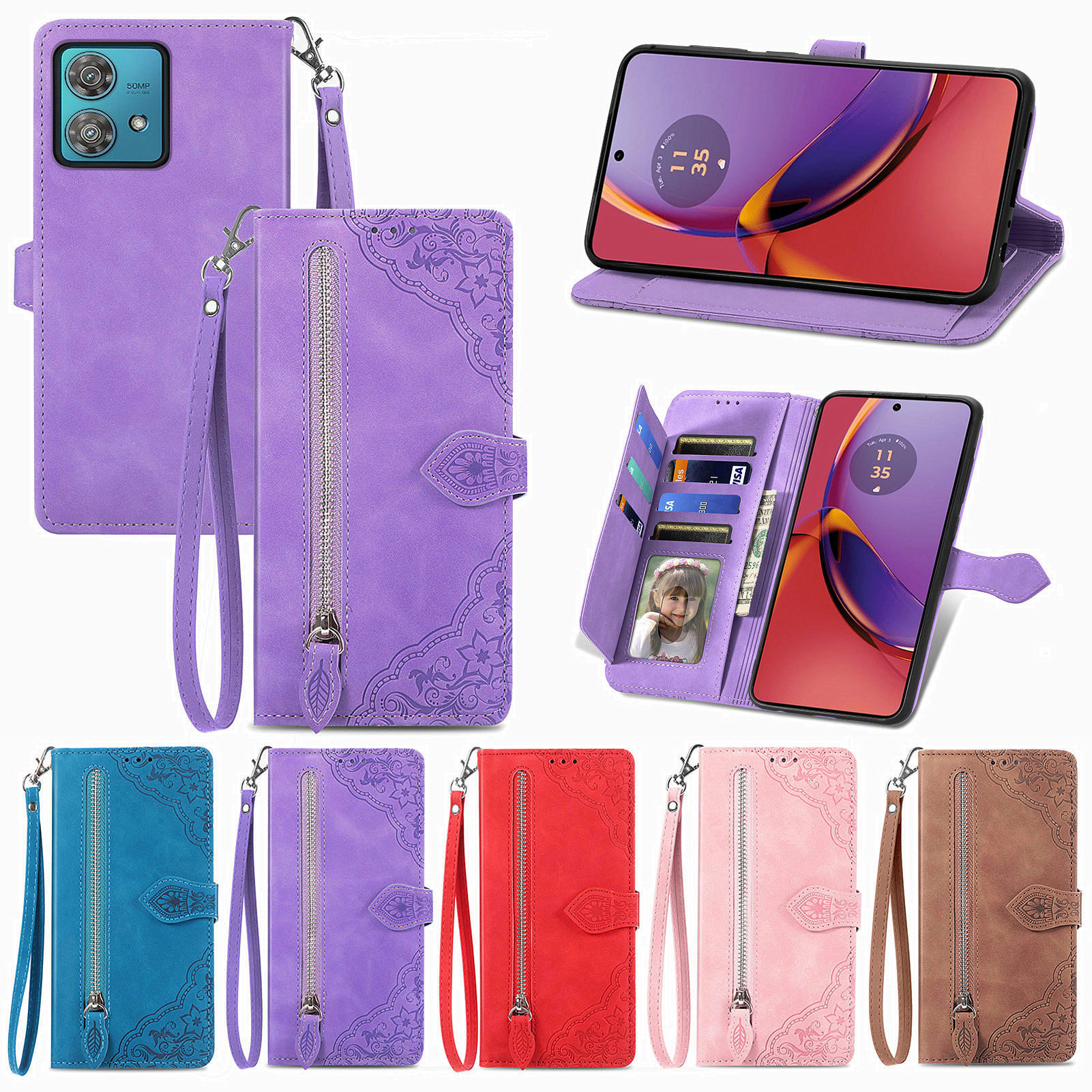 Motorola MOTO G84/85/73/75 지퍼 지갑 플립 폰 카드 홀스터에 적합