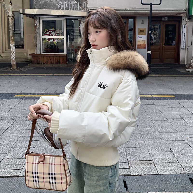 美式冬季短款毛领羽绒棉服女2025新款收腰显瘦高级感棉衣棉袄外套|undefined