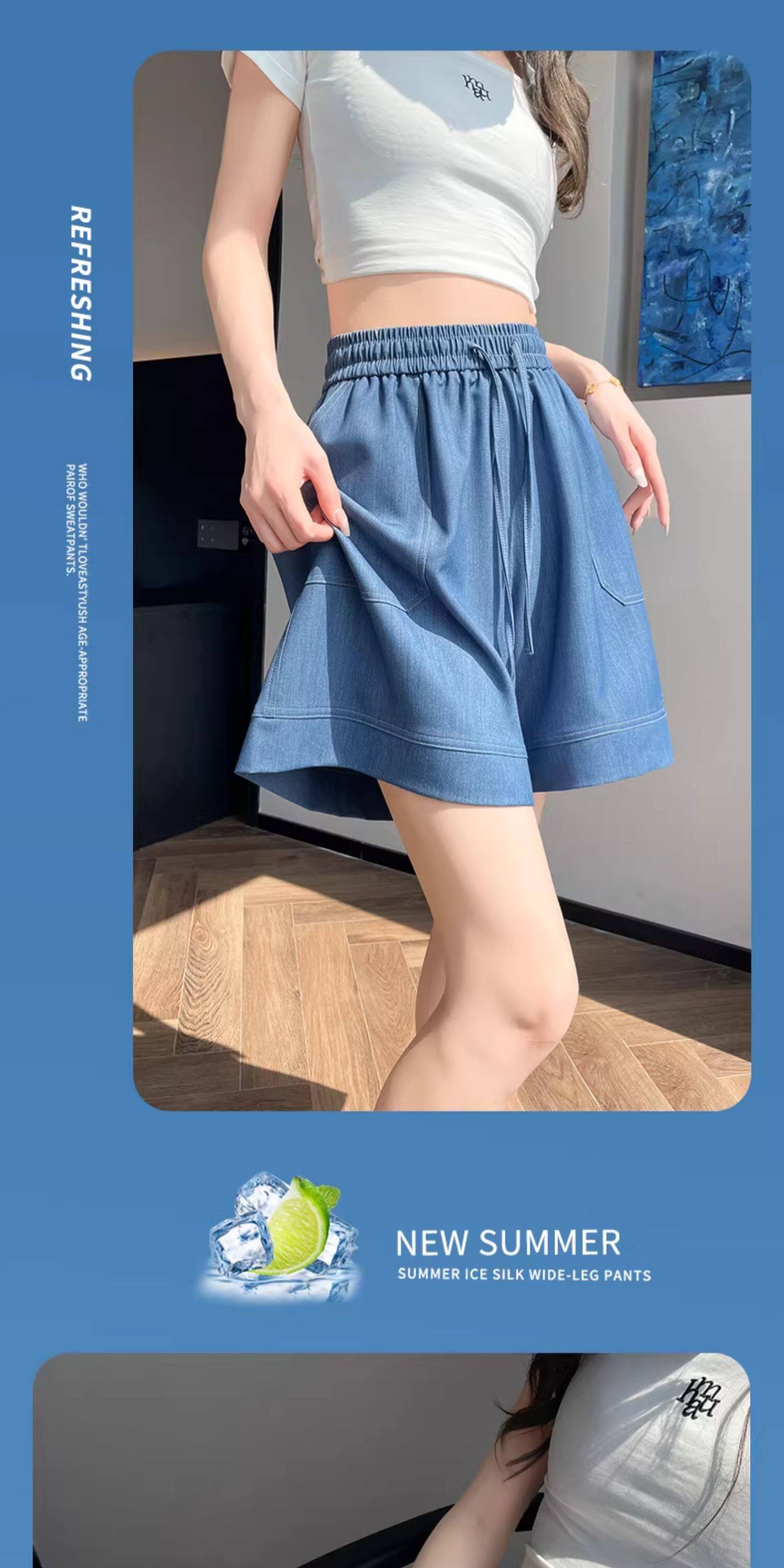 Quần short jean nữ lưng cao ống rộng chất liệu tơ tằm mát mẻ — màu xanh nhạt chi tiết 15