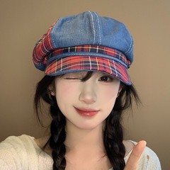 韓国スタイルのチェック柄ステッチベレー帽女性の夏のレトロな通気性の大きな頭囲顔を明らかにする小さな日よけ日焼け止め画家の帽子
