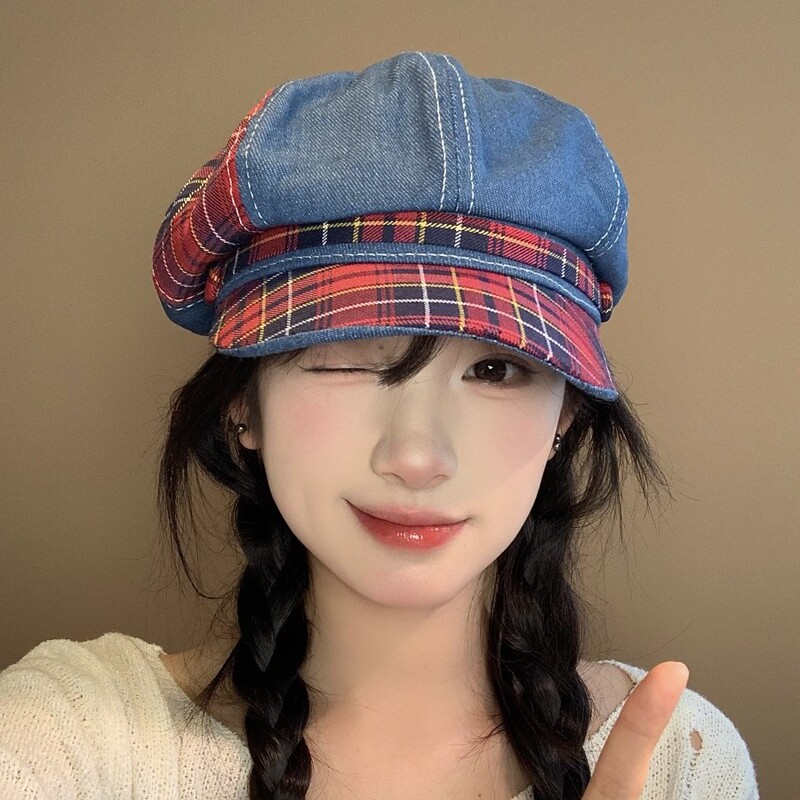 韓国スタイルのチェック柄ステッチベレー帽女性の夏のレトロな通気性の大きな頭囲顔を明らかにする小さな日よけ日焼け止め画家の帽子|undefined