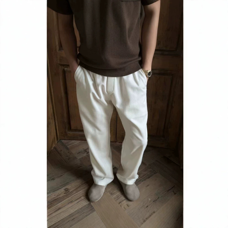 Summer Off-White Linen Lyocell Textured Drapey Wrinkle-Free Breathable Trousers for Men and Women, Loose Old Money Style Long Pants