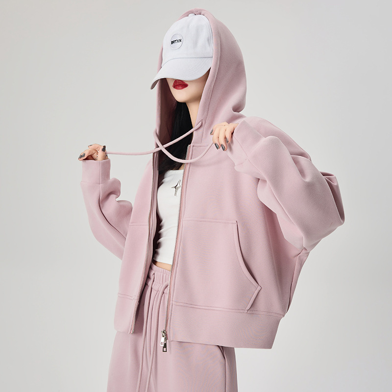 Pink Zip-Up Hoodie for Women, Early Autumn, Petite Size, Korean Style, Loose Fit, Slimming Top, Autumn and Winter Versatile Fleece Jacket