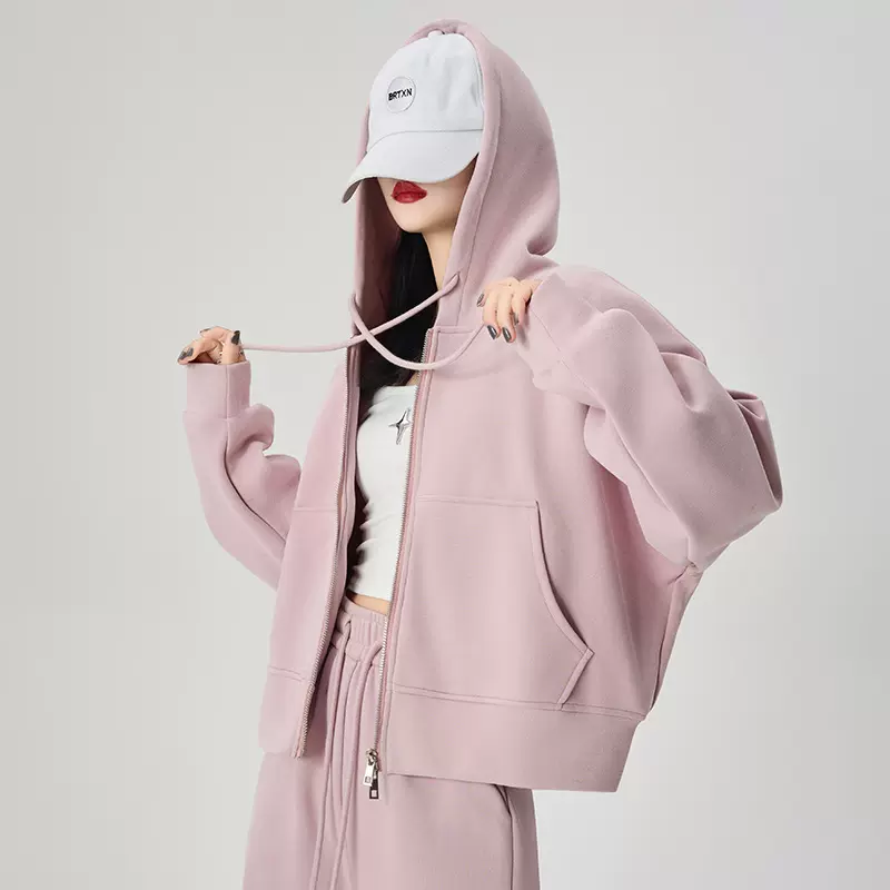 粉色拉链连帽卫衣女春秋小个子韩版宽松显瘦上衣外套秋冬百搭上衣