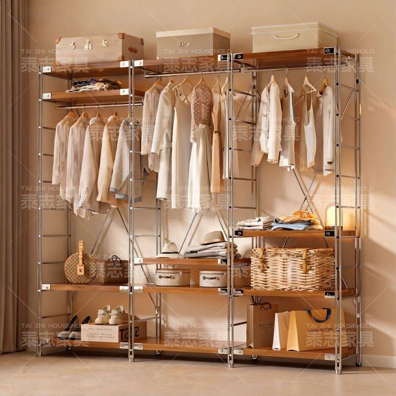 Open Wardrobe Clothes Rack Floor-Standing Carbon Steel Storage Rack for Walk-In Closet Bedroom Japanese-Style Storage Coat Rack