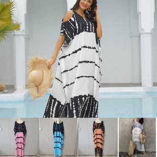 European and American Beach Blouse Shoulder Positioning Long Robe Seaside Holiday Long Dress Bikini Swimsuit Sunscreen Shirt 1D31