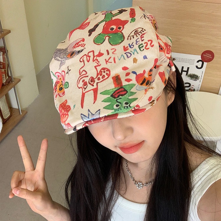 日系可爱涂鸦前进帽女个性复古童趣贝雷帽搞怪短檐画家帽子百搭潮