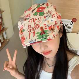 日系可爱涂鸦前进帽女个性复古童趣贝雷帽搞怪短檐画家帽子百搭潮