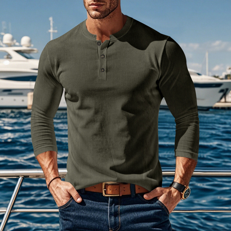 Amazon 2025 Cross-Border New Men's Outdoor Versatile Casual Corduroy Shirt Top Pure Color Round Neck Long Sleeves