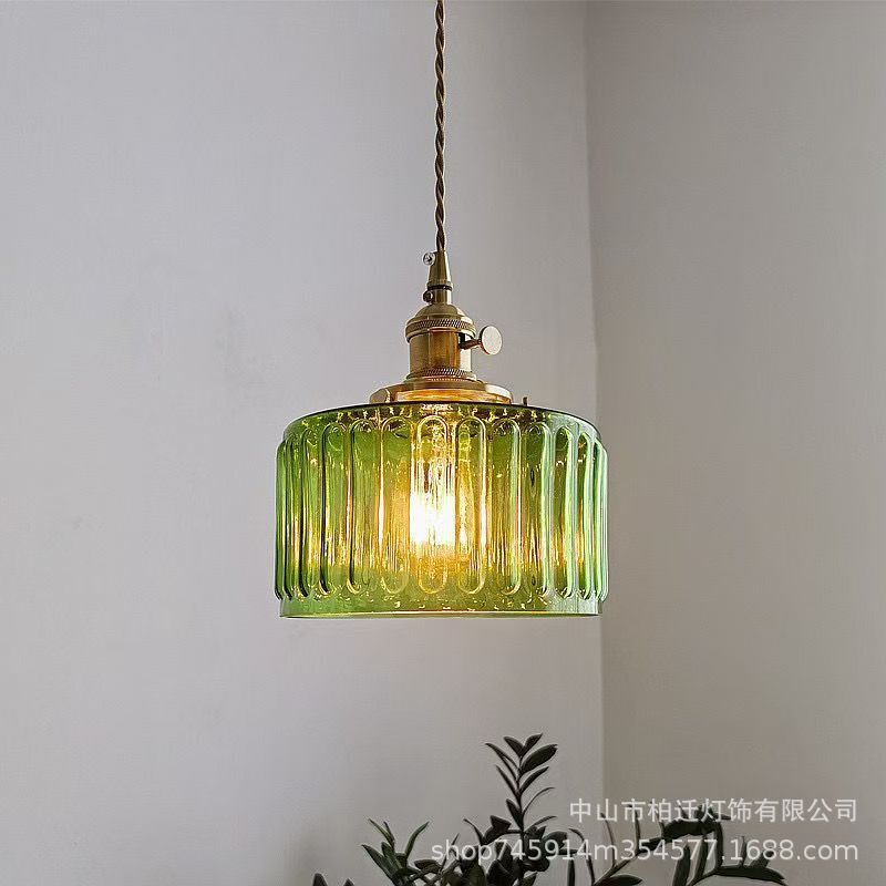 Green Striped Brass Glass Chandelier Japanese Style Simple Bar Study Light Nordic Style Creative Hotel Decorative Lamps