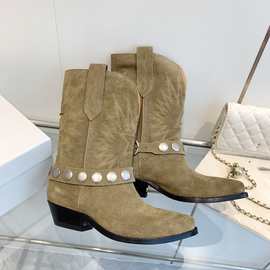 2024 超重工骑士靴秋冬新款磨砂牛皮电绣粗跟复古西部牛仔靴boots