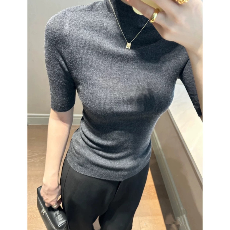 Seamless Full-Shaped Yangtze Yarn Cashmere Women's Half-High Collar Half-Sleeve Base-Layer Shirt Slim-Fit Top Half-Sleeve Sweater for Women
