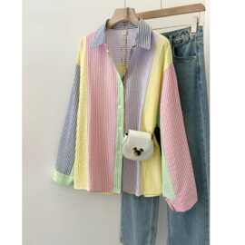 设计感撞色条纹长袖衬衫夏季新款小众甜美中长款防晒上衣女装ins