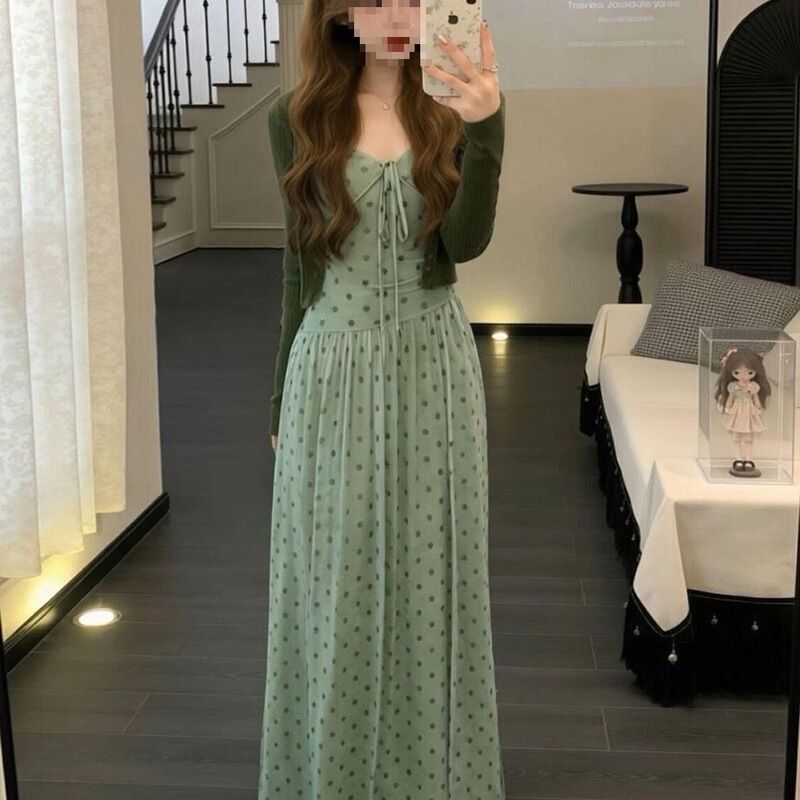 Plus-Size French-Style Elegant Green Polka Dot Dress for Women, Early Autumn Waist-Cinching Long Dress Two-Piece Set with Spandex Plus-Size French-Style Elegant Green Polka Dot Dress for Women, Early Autumn Waist-Cinching Long Dress Two-Piece Set with Spandex