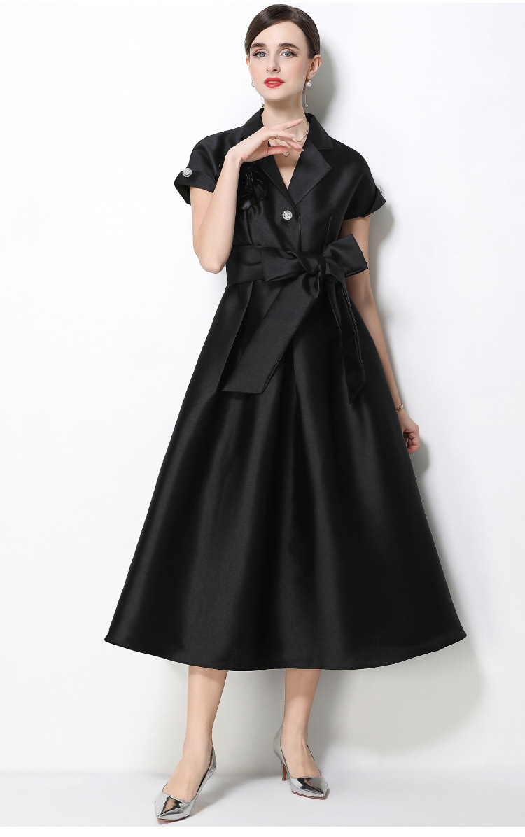 Đầm maxi nữ hoa nổi tay ngắn cổ vest thắt eo jacquard xòe — màu đen, Rượu vang đỏ, xanh lam, màu hồng đậm chi tiết 17