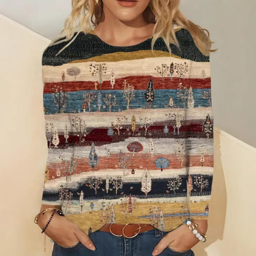 2025 European and American-style Fashionable Casual Trendy Printed Women's Long-Sleeve Crew-Neck Top