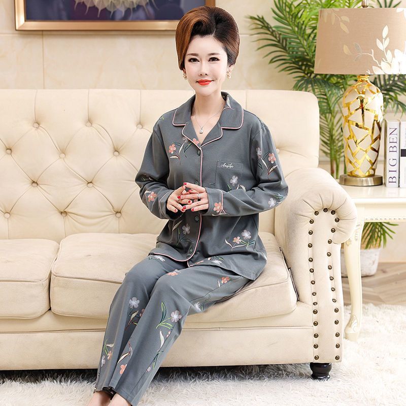 Pijama de algodón 100% de primavera y otoño de las mujeres de manga larga de mediana edad mamá cardigan más tamaño de mediana edad y ancianos traje de desgaste para el hogar
