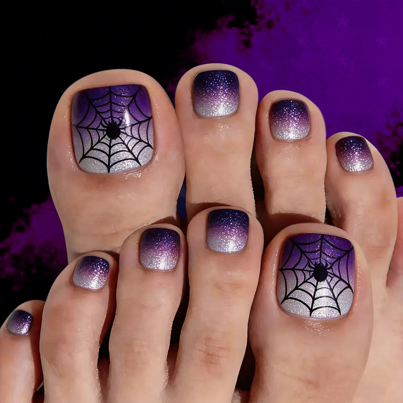 Short Glossy European and American Style Dark Gradient Purple Glitter Spider Web Halloween Toenail Set, 24 Pieces Short Glossy European and American Style Dark Gradient Purple Glitter Spider Web Halloween Toenail Set, 24 Pieces