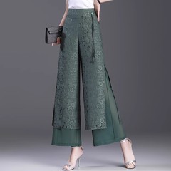 中国風のスリットパンツ女性の夏薄いハイウエストルーズストレートパンツスリムドレープジャカードアイスシルクワイドレッグパンツ