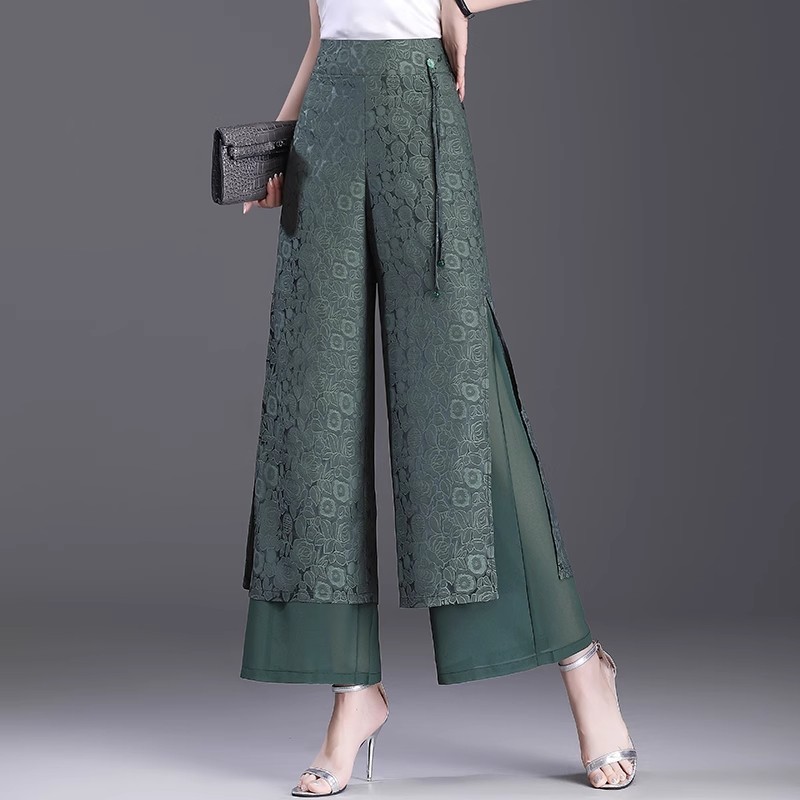 中国風のスリットパンツ女性の夏薄いハイウエストルーズストレートパンツスリムドレープジャカードアイスシルクワイドレッグパンツ|undefined