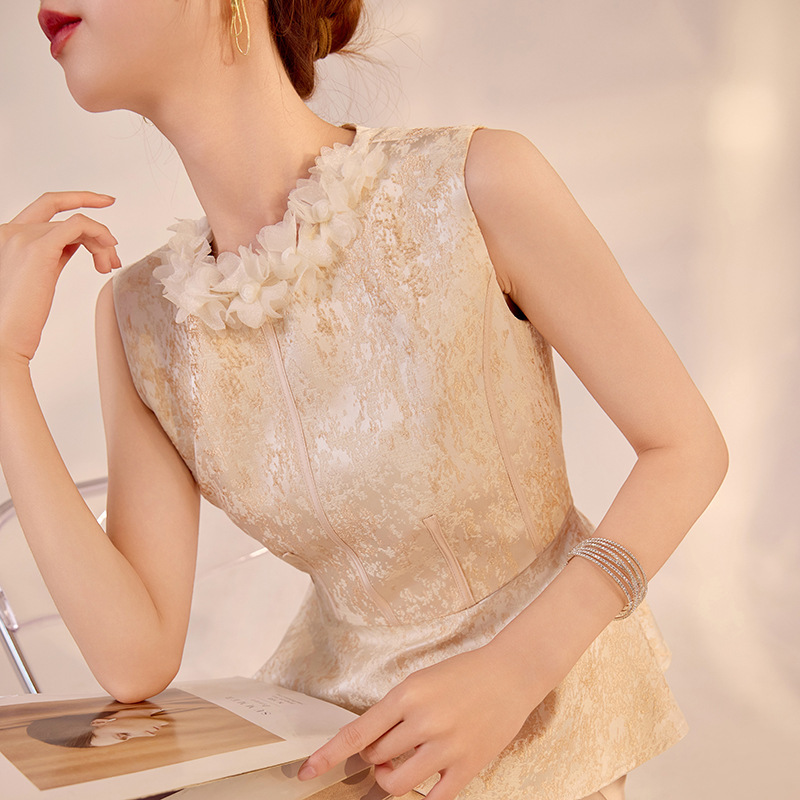 Summer National Style Waist-Cinching Versatile Fashion Top, New Chinese Style High-End Exquisite Lace Round-Neck Shirt N3106