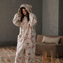 新款秋冬季舒棉绒连体睡袍卡通小熊甜美家居服冬天学生连帽可外穿