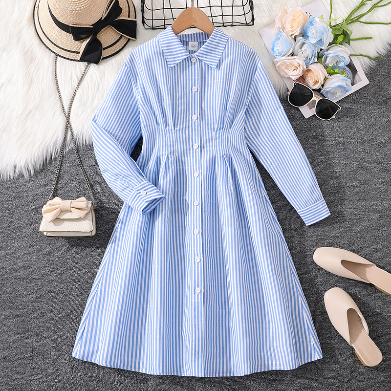 女童连衣裙2025秋季新款韩版休闲条纹印花长袖系扣百褶气质衬衫裙