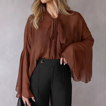 欧美女装气质优雅薄款秋季蝙蝠袖雪纺衫设计感系带荷叶边长袖上衣