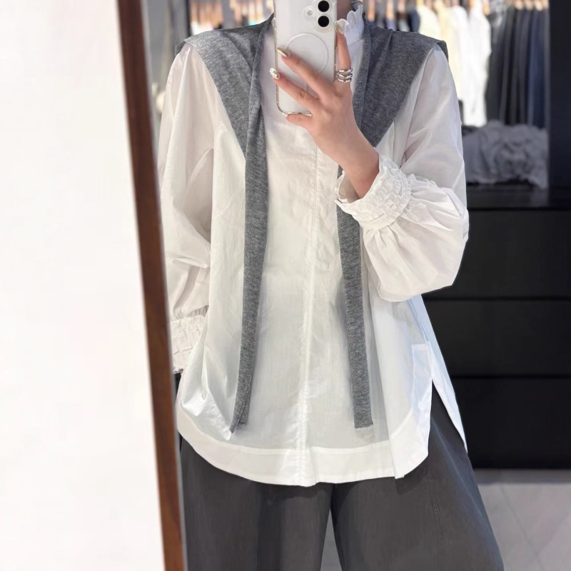 2025秋款百搭棉白衬衫设计感花瓣立领和花边袖减龄小衫长袖不退换|undefined