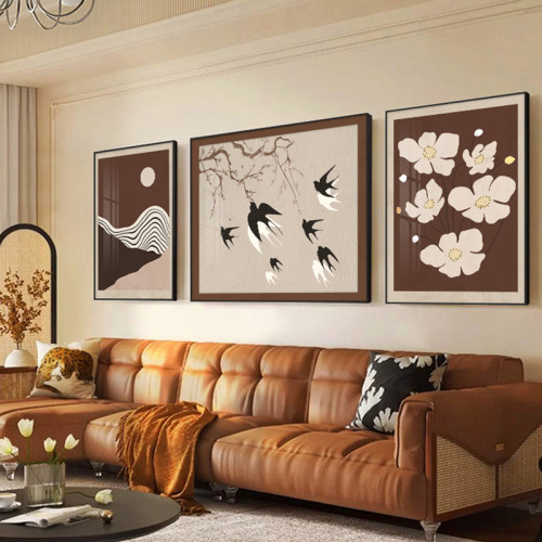 Retro luxurious sofa background wall hanging painting, antique-style living room decoration, niche art triptych abstract wall art