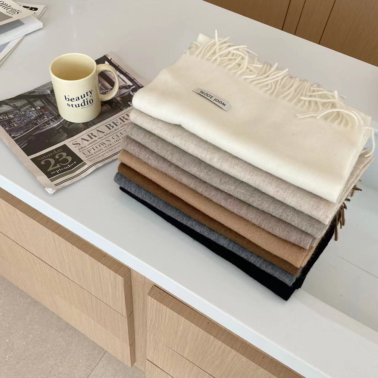 韩国代购秋冬新款纯羊毛情侣款长款围巾女冬季纯色百搭高档围脖男