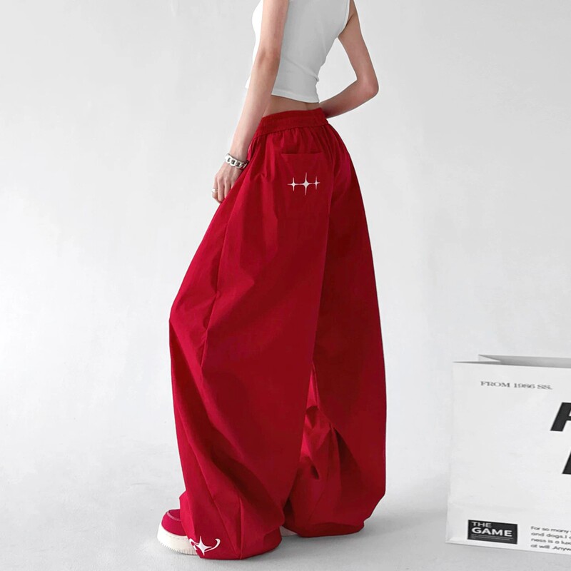 2026 Summer New Style Red Cargo Pants for Women, Loose Casual Wide-Leg Pants, Tall Women's Sports Pants, Jazz Dance Pants