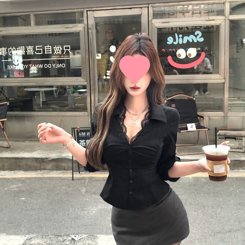 Hot Girl 2025 Lace Long Sleeve Design Shirt Waist Shirt Sexy Slim Shirt Women Pure Desire Slim Top Women