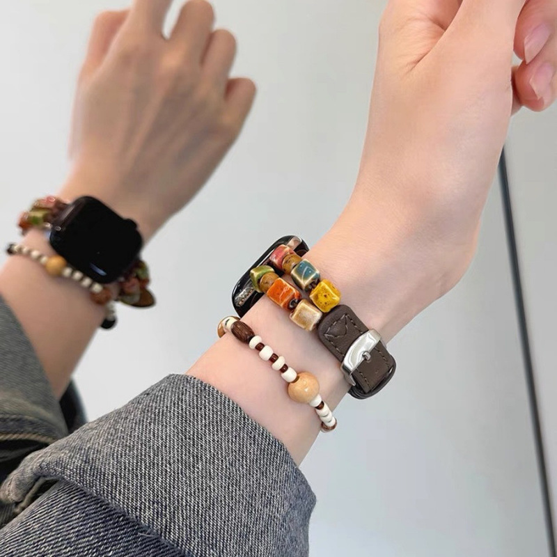Suitable for Apple Watch S9Applewatch87 Strap Colorful Beaded Stitching Leather Iwatch10Se Female