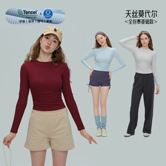 2025秋冬瑜伽服女天丝莫代尔螺纹运动服高弹透气健身服圆领长袖T