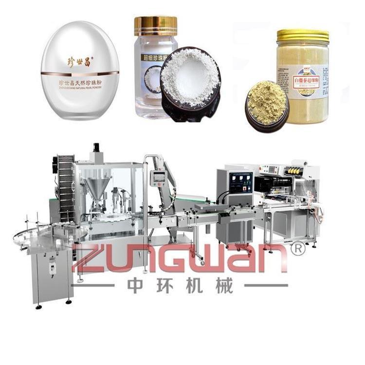 全自动双头粉剂灌装生产线，药粉直线式旋盖机，供应上下面贴标机