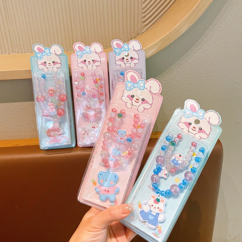 Niños exquisitos collares de dibujos animados pulseras set niñas adorables joyas de perlas princesa viento caja de regalo