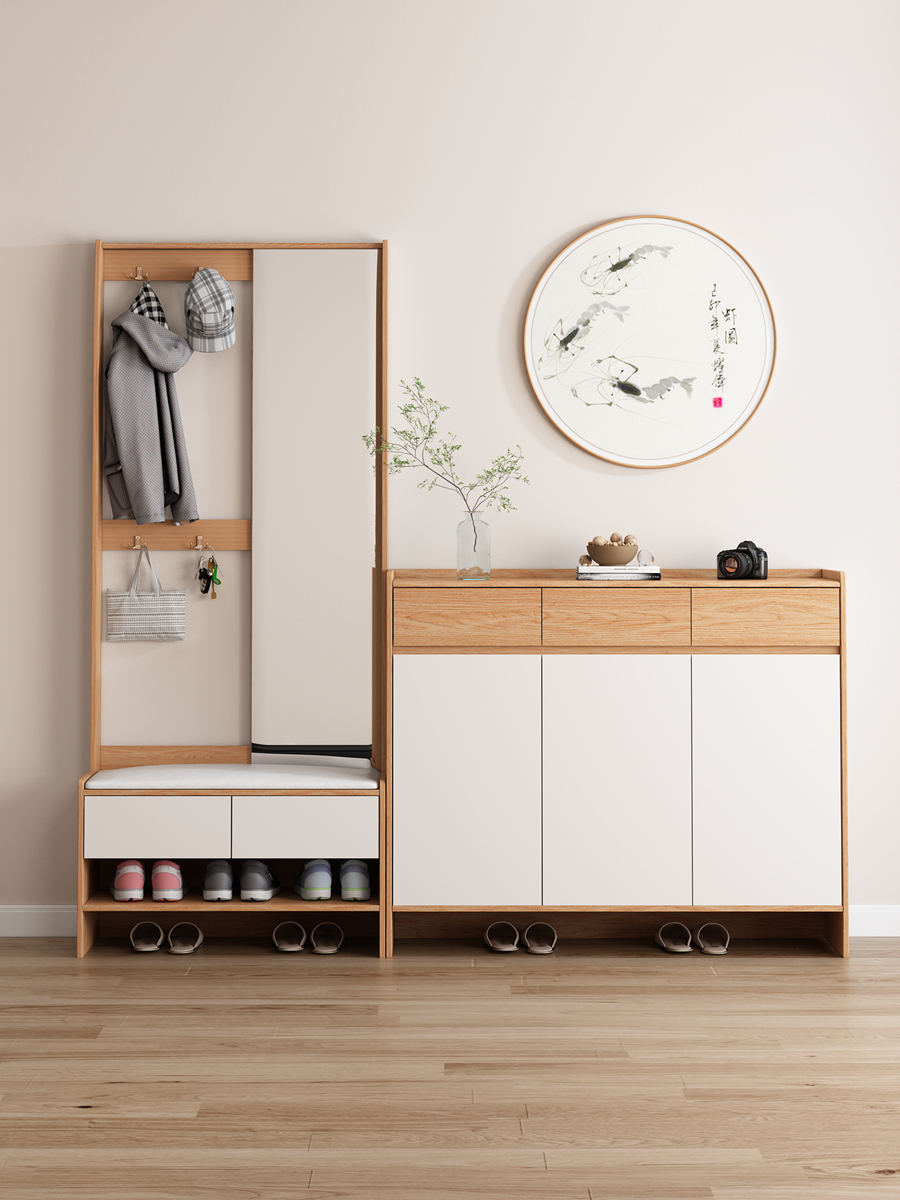 무료 배송, 원목 신발장, 신발 교환 의자, 옷걸이, 거울이 있는 올인원, 가정용 드레싱 거울, 신형 2024 옷