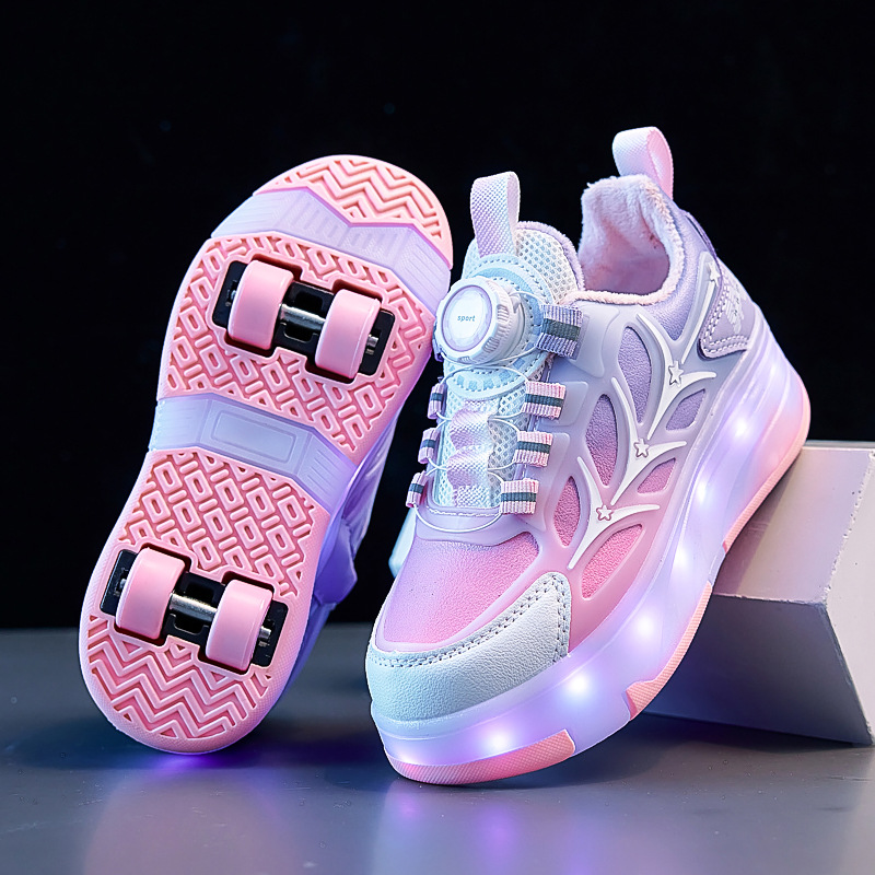 Student Version Detachable Roller Skates Rechargeable Children's Four-Wheel Plus Velvet Flash Heelys Shoes for Men and Women Adult Deformation Shoes