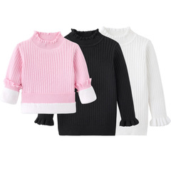Fall/Winter Ruffled Half-Neck Children's Sweater, Fleece-Lined & Thickened, Made of Pure Cotton—Girls' Base Layer Knit Top