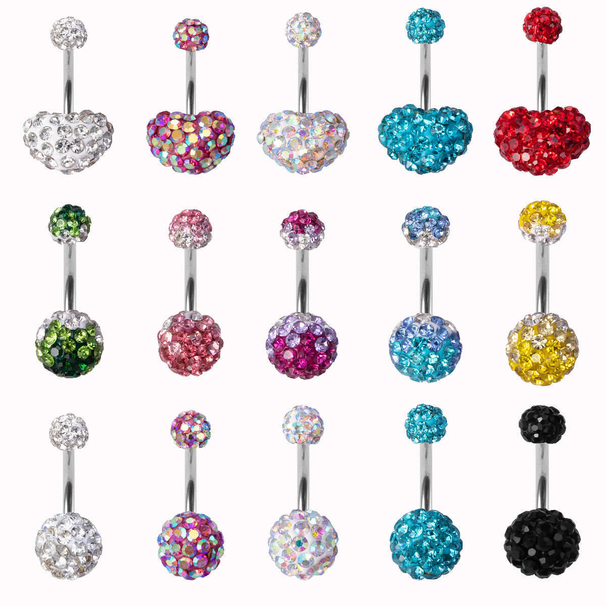 Belly Button Ring With Full Diamond Heart And Soft Clay Ball_voghion.com