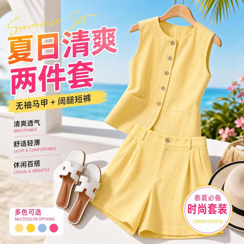 Amazon's new popular casual and comfortable vacation two-piece set: sleeveless buttoned vest cardigan and wide-leg shorts Amazon's new popular casual and comfortable vacation two-piece set: sleeveless buttoned vest cardigan and wide-leg shorts