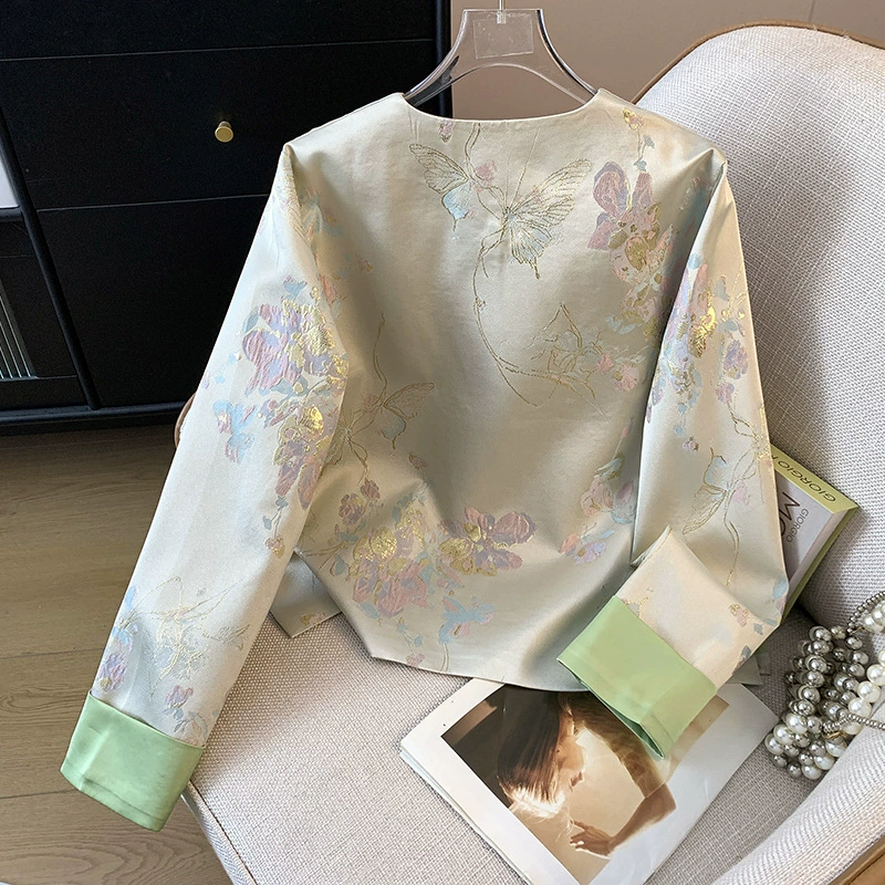 Autumn retro cardigan, jacket, Chinese style, with embroidery, round collar