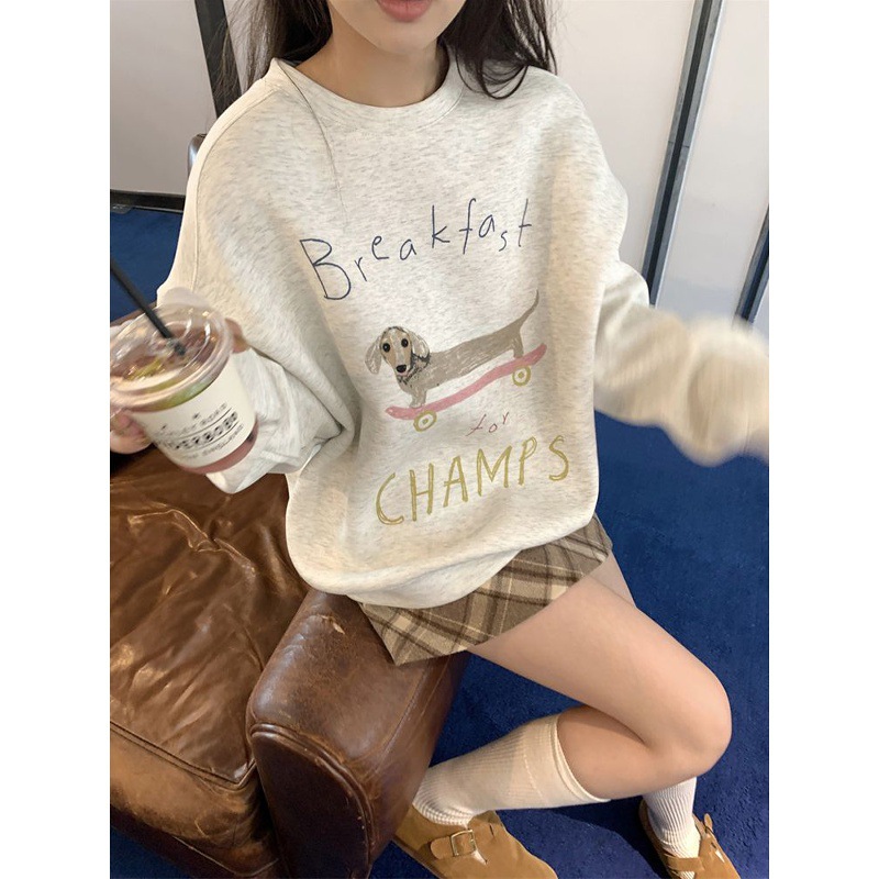 加绒加厚圆领卫衣女秋冬新款慵懒风宽松字母可爱印花oversize上衣