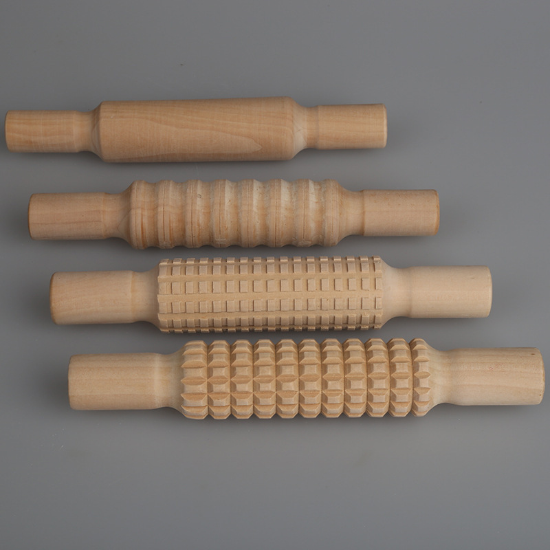 厂家生产木制压花擀面杖荷木四件套面粉棒擀面棍套装烘焙用品