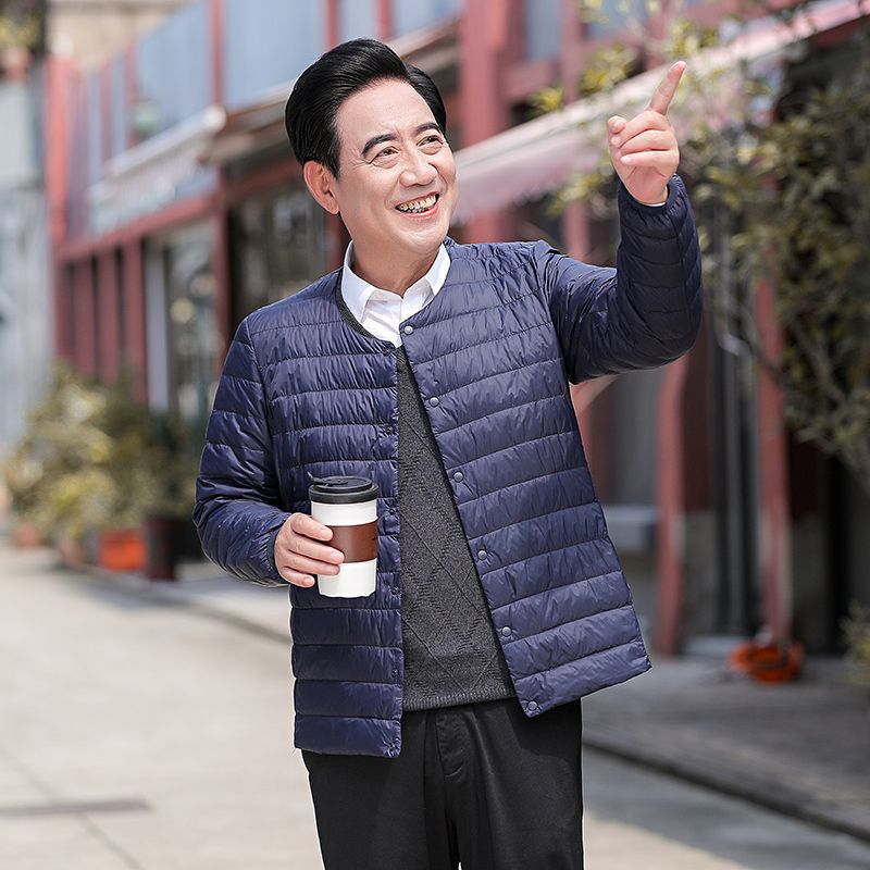 Nuevo invierno hombre chaqueta de pluma de mediana edad papá ligero cuello redondo cuello en V fundación sin cuello chaqueta delgada