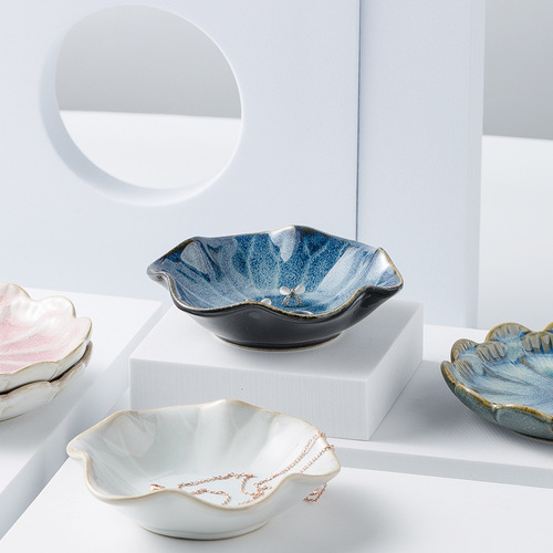Nordic ins jewelry tray blue and pink storage tray household snack plate taste plate ceramic lotus jewelry display plate