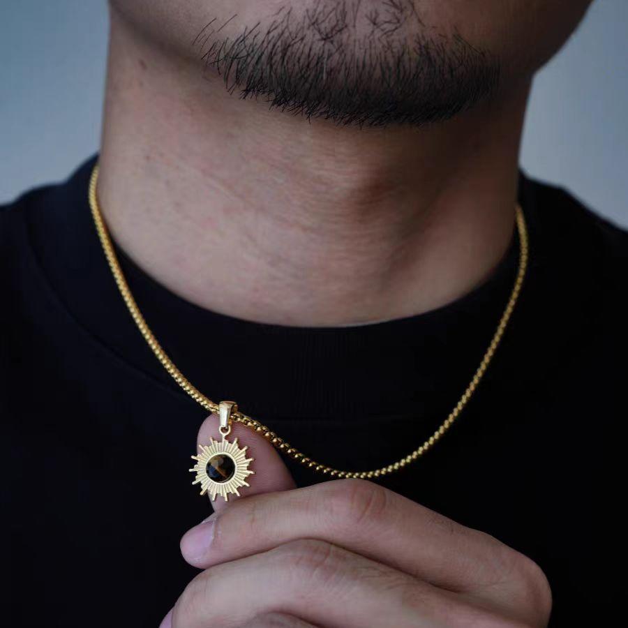 Sunflower Pendant Necklace With Tiger Eye Stone For Men_voghion.com